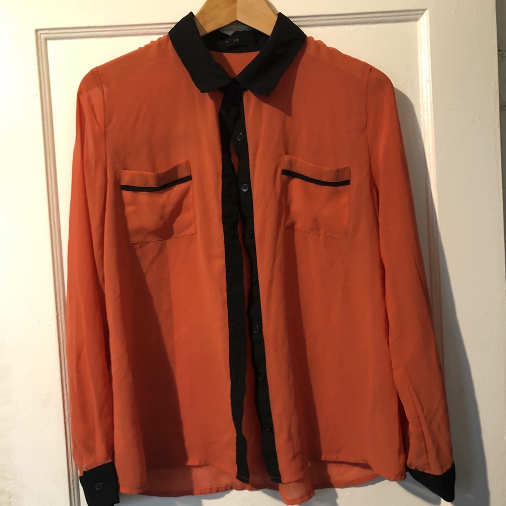 Sheer button down blouse -peach & black
